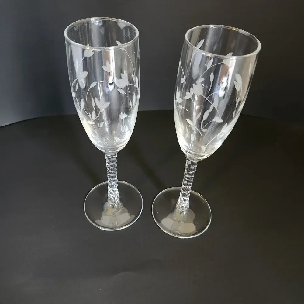 Vtg Lillian Rose Crystal Twisted Stem Glasses Champagne Floral 6oz Hand Blown